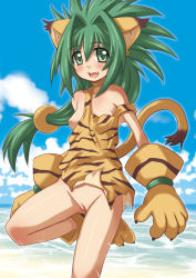 Rule 34 | 1girl, animal ears, animal hands, animal print, blue sky, blush, breasts, breasts out, cham cham, clothes lift, cloud, day, dress, dress lift, eyebrows, fang, female focus, green eyes, green hair, hair between eyes, kure (beniya), long hair, looking at viewer, nipples, no panties, off shoulder, open mouth, outdoors, pussy, samurai spirits, sky, small breasts, smile, solo, standing, standing on one leg, tail, tiger ears, tiger print, tiger tail, uncensored, water