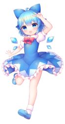 Rule 34 | 1girl, blue bow, blue dress, blue eyes, blue footwear, blue hair, blush, bow, cirno, coa (chroo x), collared shirt, detached wings, dress, fairy, frilled dress, frills, full body, hair between eyes, hair bow, highres, ice, ice wings, open mouth, shirt, shoes, short hair, short sleeves, simple background, smile, socks, solo, touhou, v, white background, white shirt, white socks, wings