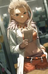 Rule 34 | 1girl, blonde hair, closed mouth, coat, commentary request, creatures (company), earrings, eyelashes, fagi (kakikaki), game freak, green eyes, highres, holding, holding paper, indoors, jewelry, long hair, nail polish, navel, necklace, nintendo, open clothes, open coat, orange nails, orange shirt, orange shorts, paper, pokemon, pokemon sv, sada (pokemon), shirt, shorts, smile, solo, white coat