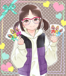 Rule 34 | 1girl, blush, brown eyes, brown hair, dated, glasses, hood, hood down, jacket, looking at viewer, open clothes, open jacket, original, parted bangs, smile, solo, taka (tsmix), two side up, valentine