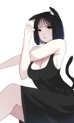 Rule 34 | 1girl, animal ears, bare arms, bare shoulders, black dress, black hair, bob cut, breasts, brown eyes, cat ears, cat tail, cleavage, closed mouth, crossed arms, dress, ear down, highres, large breasts, looking at viewer, no bra, original, rizuto, short hair, simple background, sitting, solo, stretching, tail, white background