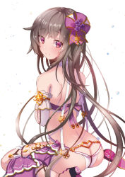 Rule 34 | 1girl, ass, blush, bow, brown hair, butt crack, closed mouth, commentary request, duranta (flower knight girl), flower knight girl, from behind, hair bow, kusumoto miya, kusumoto miya, long hair, looking at viewer, looking back, purple bow, purple eyes, revealing clothes, shoes, simple background, sitting, smile, solo, wariza, white background