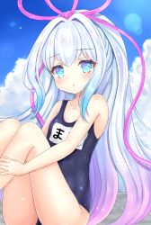 Rule 34 | 1girl, :c, bare arms, bare shoulders, blue eyes, blue one-piece swimsuit, blue sky, blush, closed mouth, cloud, collarbone, commentary request, day, fingernails, hair between eyes, hair intakes, hair ribbon, highres, long hair, looking at viewer, mana (shironeko project), name tag, one-piece swimsuit, outdoors, pink ribbon, ribbon, school swimsuit, shironeko project, sidelocks, silver hair, sitting, sky, solo, sunameri (pixiv3564245), swimsuit, very long hair, wet, wet clothes, wet swimsuit