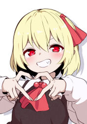 Rule 34 | 1girl, ascot, black vest, blonde hair, blush, collared shirt, grin, hair ribbon, heart, heart hands, highres, kameyan, long sleeves, red ascot, red eyes, red ribbon, ribbon, rumia, shirt, short hair, simple background, smile, solo, touhou, vest, white background, white shirt