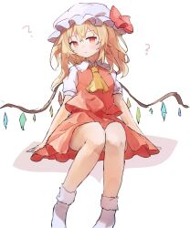 Rule 34 | 1girl, ?, ar (maeus), ascot, blonde hair, bow, breasts, crystal, expressionless, flandre scarlet, hat, hat bow, highres, looking at viewer, medium hair, mob cap, multicolored wings, puffy short sleeves, puffy sleeves, red eyes, red skirt, red vest, shirt, short sleeves, sitting, skirt, skirt set, small breasts, socks, solo, touhou, vest, white background, white hat, wings, yellow ascot