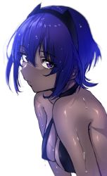 Rule 34 | 1girl, absurdres, bare shoulders, black hairband, blue hair, bouhatei (t-back), breasts, cleavage, commentary request, dark-skinned female, dark skin, fate/grand order, fate (series), hairband, hassan of serenity (fate), highres, looking at viewer, medium breasts, parted lips, purple eyes, short hair, simple background, solo, upper body, wet, wet hair, white background