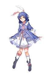 Rule 34 | 1girl, absurdres, alternate costume, animal ears, blue dress, blue footwear, blue hair, boots, bow, bridal garter, crescent, dress, footwear bow, full body, furahata gen, highres, long sleeves, looking at viewer, necktie, outstretched arm, pink necktie, rabbit ears, red eyes, seiran (touhou), shoes, simple background, smile, socks, solo, standing, touhou, white background, white socks
