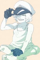 Rule 34 | 1boy, black gloves, blue eyes, crossed legs, full body, gloves, hair over one eye, hand up, hat, highres, male focus, original, pale skin, sharp teeth, shiso i4, short hair, shorts, simple background, smile, solo, tank top, teeth, toned, toned male, white background, white hair