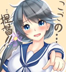 Rule 34 | 1girl, akebono (kancolle), akebono (kancolle) (cosplay), alternate hairstyle, bad id, bad pixiv id, black hair, blue eyes, blush, close-up, collarbone, commentary request, cosplay, flower, hair flower, hair ornament, highres, houshou (kancolle), kantai collection, long hair, looking at viewer, open mouth, pointing, pointing at viewer, sazamiso rx, school uniform, serafuku, side ponytail, simple background, solo, tears, translation request, upper body