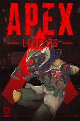Rule 34 | 1other, absurdres, ambiguous gender, apex legends, axe, bloodhound (apex legends), brown jacket, cable, copyright name, eep167389, from side, fur trim, gloves, goggles, helmet, highres, holding, holding axe, jacket, knee pads, logo, looking ahead, mask, mouth mask, open hand, red gloves