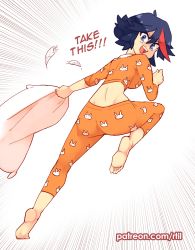 Rule 34 | 1girl, :d, animal print, ass, barefoot, black hair, blue eyes, blush, controller, emphasis lines, english text, feathers, feet, full body, holding, holding pillow, kill la kill, looking at viewer, matoi ryuuko, multicolored hair, open mouth, pajamas, patreon username, pillow, rabbit print, red hair, rtil, short hair, simple background, smile, soles, solo, streaked hair, teeth, toes, two-tone hair, upper teeth only, watermark, web address, white background