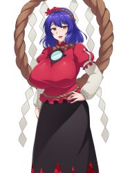 Rule 34 | 1girl, autumn leaves, black skirt, blue hair, breasts, eyebrows, hair ornament, hand on own hip, highres, huge breasts, kakikorori, large breasts, leaf hair ornament, long skirt, long sleeves, looking at viewer, mirror, plump, red eyes, red shirt, red skirt, rope, shide, shimenawa, shirt, short hair, simple background, skirt, solo, touhou, white background, white sleeves, wide hips, yasaka kanako