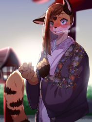 Rule 34 | 1girl, absurdres, animal ears, backlighting, blue eyes, blurry, blurry background, blush, breath, brown hair, denyfake, facial mark, female focus, floral print, forehead mark, furry, furry female, grin, haori, highres, japanese clothes, kimono, looking at viewer, nervous, nervous smile, original, outdoors, raised eyebrow, shrine, smile, solo, sunrise, swept bangs, tail, tiger ears, tiger tail, torii, wide sleeves