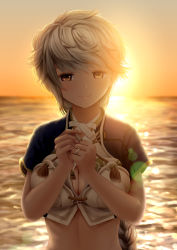 Rule 34 | 10s, 1girl, backlighting, bad id, bad pixiv id, blurry, blush, braid, breasts, brown eyes, cleavage, cleavage cutout, closed mouth, clothing cutout, cloud print, depth of field, evening, highres, horizon, jewelry, kantai collection, large breasts, lens flare, long hair, looking at viewer, medium breasts, midriff, ocean, papi (papiron100), ring, short sleeves, silver hair, single braid, smile, solo, sunlight, sunset, tassel, unryuu (kancolle), upper body, very long hair, water, wedding band, yellow eyes