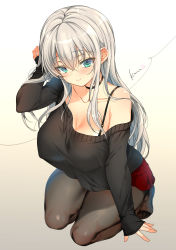 Rule 34 | 1girl, aqua eyes, bad id, bad pixiv id, black pantyhose, black sweater, blush, bra strap, breasts, cleavage, closed mouth, collarbone, commentary request, covered erect nipples, crossed bangs, emily (pure dream), gradient background, hair between eyes, highres, kneeling, large breasts, long hair, long sleeves, looking at viewer, original, pantyhose, red skirt, signature, silver hair, simple background, skirt, smile, solo, sweater