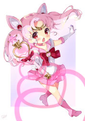Rule 34 | 1girl, absurdres, bishoujo senshi sailor moon, blush, boots, bow, brooch, chibi usa, commentary request, cone hair bun, elbow gloves, full body, gloves, hair bun, headpiece, heart, heart brooch, high heel boots, high heels, highres, holding, holding wand, jewelry, knee boots, long hair, looking at viewer, neki (wakiko), open mouth, outstretched arms, pink footwear, pink hair, pink moon stick, pink sailor collar, pink skirt, pleated skirt, purple background, red bow, red eyes, sailor chibi moon, sailor collar, sailor senshi uniform, shirt, short sleeves, signature, skirt, solo, star (symbol), twintails, two-tone background, wand, white background, white gloves, white shirt