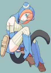 Rule 34 | 1girl, absurdres, animal ears, animal hood, blue eyes, breasts, breath of fire, breath of fire v, cat ears, cat hood, closed mouth, damegamega, fingerless gloves, full body, gloves, highres, hood, lin (breath of fire), looking at viewer, medium breasts, orange hair, short hair, simple background, smile, solo, tail, thighhighs