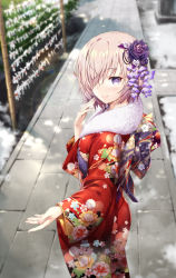 Rule 34 | 1girl, alternate costume, back bow, blurry, blurry background, blush, bow, closed mouth, commentary request, day, depth of field, fate/grand order, fate (series), floral print, flower, fur collar, gabiran, hair flower, hair ornament, hair over one eye, japanese clothes, kimono, long sleeves, mash kyrielight, obi, outdoors, pink hair, print kimono, purple bow, purple eyes, purple flower, purple rose, red kimono, rose, sash, smile, snow, solo, standing, wide sleeves
