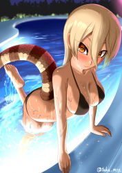 Rule 34 | 1girl, arm support, barefoot, bikini, black bikini, blonde hair, blush, breasts, closed mouth, collarbone, commentary request, dripping, eyes visible through hair, fisheye, hair between eyes, highres, kashisu mint, kemono friends, king cobra (kemono friends), light smile, long hair, looking at viewer, medium breasts, night, orange eyes, outdoors, partially submerged, pool, poolside, snake tail, solo, swimsuit, tail, tan, toes, twitter username, water, wet