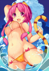 Rule 34 | 1girl, animal ears, breasts, cat ears, cat tail, covered erect nipples, holding, holding own tail, holding with tail, medium breasts, mikan (bananoha), navel, open mouth, original, prehensile tail, purple eyes, purple hair, short hair, sidelocks, smile, solo, swimsuit, tail, underboob, water