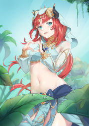 Rule 34 | 1girl, absurdres, aqua eyes, blue sky, blush, brooch, circlet, crop top, flag888, floating hair, forehead jewel, genshin impact, gold trim, heart, heart hands, highres, horns, jewelry, leaf, long hair, long sleeves, looking at viewer, midriff, navel, neck ring, nilou (genshin impact), open mouth, outdoors, parted bangs, pelvic curtain, plant, puffy long sleeves, puffy sleeves, red hair, skirt, sky, solo, stomach, thighs, twintails, vambraces, veil, vision (genshin impact), water drop