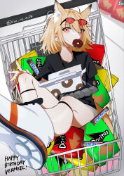 Rule 34 | 1girl, absurdres, alternate costume, animal ears, arknights, black shirt, blonde hair, box, candy, character name, closed mouth, doritos, doughnut, extra ears, eyewear on head, food, happy birthday, highres, inu to milk, looking at viewer, mouth hold, orange eyes, pastry box, shirt, shoes, shopping cart, short sleeves, shorts, sidelocks, sneakers, snickers (brand), solo, sunglasses, tail, twitter username, vermeil (arknights), white footwear, wrapped candy