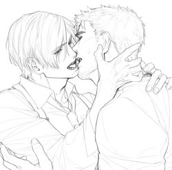 Rule 34 | 2boys, bara, beard stubble, chris redfield, collared shirt, couple, eye contact, facial hair, from side, hand on another&#039;s neck, imminent kiss, leon s. kennedy, looking at another, male focus, mature male, multiple boys, necktie, no sense of shame, resident evil, resident evil 6, shirt, short hair, stubble, suspenders, sweatdrop, thick eyebrows, upper body, yaoi