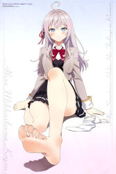 Rule 34 | 1girl, alisa mikhailovna kujou, barefoot, blue eyes, blush, feet, foot focus, grey hair, highres, long hair, looking at viewer, official art, single thighhigh, soles, sydus, thighhighs, third-party edit, toes, tokidoki bosotto roshia-go de dereru tonari no alya-san, unworn socks, white thighhighs