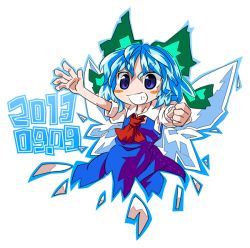 Rule 34 | 1girl, ascot, blue eyes, blue hair, blush stickers, bow, byourou, chibi, cirno, clenched hand, dated, dress, grin, hair bow, ice, ice wings, matching hair/eyes, ribbon, short hair, simple background, smile, solo, touhou, white background, wings