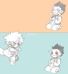 Rule 34 | 2boys, blue background, blue eyes, brown eyes, child, crying, gon freecss, green hair, hands on own chest, highres, holding, holding baby, hood, hoodie, hunter x hunter, killua zoldyck, looking at another, male focus, multiple boys, noyaspjs, pocket, red background, short hair, signature, simple background, sitting, toddler, white hair