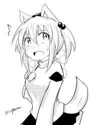 Rule 34 | 1girl, alternate hairstyle, animal ears, breasts, detached sleeves, greyscale, hair bobbles, hair ornament, hat, inubashiri momiji, medium breasts, monochrome, open mouth, pom pom (clothes), short hair, signature, simple background, solo, tail, taurine 8000mg, tokin hat, touhou, twintails, white background, wolf ears, wolf tail