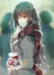 Rule 34 | 1girl, ahoge, akahito, bag, bag charm, black hair, breath, charm (object), check commentary, chocolate, chromatic aberration, commentary request, english text, finger to mouth, highres, holding, long hair, orange eyes, original, plastic bag, scarf, school bag, school uniform, solo, valentine
