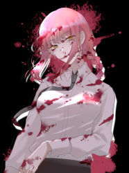 Rule 34 | 1girl, absurdres, black background, black necktie, black pants, blood, blood from mouth, blood on clothes, blood on face, blood splatter, braid, braided ponytail, breasts, business suit, chainsaw man, collared shirt, eyebrows, formal, highres, long sleeves, makima (chainsaw man), medium breasts, medium hair, necktie, neckwear request, pants, pink hair, ringed eyes, shirt, shirt tucked in, simple background, solo, suit, yellow eyes, zxk626