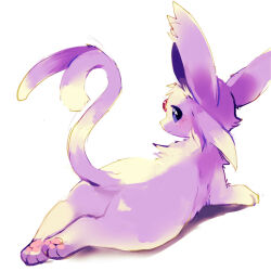 Rule 34 | :&lt;, animal focus, ass, blush, closed mouth, creatures (company), espeon, forehead jewel, forked tail, from behind, full body, game freak, gem, gen 2 pokemon, highres, looking at viewer, looking back, lying, nintendo, no humans, on stomach, pawpads, pokemon, pokemon (creature), purple eyes, red gemstone, simple background, solo, tail, tara rebi, white background