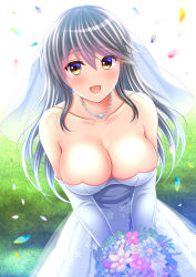 Rule 34 | 1girl, alternate costume, bare shoulders, bouquet, breasts, bridal veil, bride, cleavage, collarbone, dress, elbow gloves, flower, gloves, grey hair, hair ornament, hairclip, haruna (kancolle), holding, holding bouquet, jewelry, kantai collection, large breasts, long hair, looking at viewer, necklace, solo, strapless, strapless dress, veil, wedding dress, white dress, white gloves, yellow eyes, yuzukaze rio