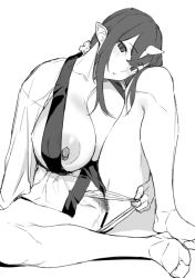 Rule 34 | 1girl, bar censor, blush, breasts, censored, female pubic hair, fundoshi, fundoshi pull, greyscale, head tilt, horns, huge breasts, japanese clothes, long hair, looking at viewer, monochrome, nipples, obmas, oni horns, original, pubic hair, simple background, single horn, sitting, solo, white background