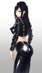 Rule 34 | 1girl, ass, back, black hair, breasts, gradient background, highres, large breasts, latex pants, leather, leather pants, long hair, looking at viewer, midriff, original, pants, solo, volyz, yellow eyes