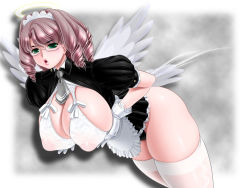 Rule 34 | 1girl, angel, apron, black panties, blush, bra, breast hold, breasts, chichi kurage ss, drill hair, dutch angle, glasses, gloves, green eyes, halo, large breasts, looking at viewer, maid, maid apron, maid headdress, necktie, open clothes, open shirt, panties, shirt, sideboob, solo, thighhighs, underwear, wings