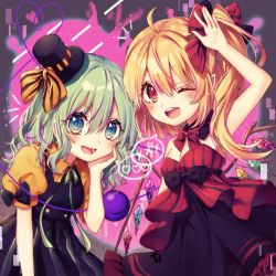 Rule 34 | 2girls, :d, ;d, adapted costume, ahoge, alternate costume, arm up, bare arms, bare shoulders, black bow, black dress, black headwear, black ribbon, black skirt, blonde hair, blush, bow, bowtie, breasts, commentary request, cowboy shot, crystal, dress, flandre scarlet, green eyes, green hair, hair between eyes, hair bow, hand on own cheek, hand on own face, hand up, hat, hat bow, heart, heart of string, highres, komeiji koishi, kyouda suzuka, looking at viewer, mini hat, mini top hat, multiple girls, neck ribbon, no headwear, one eye closed, open mouth, pinafore dress, puffy short sleeves, puffy sleeves, red bow, red dress, red eyes, red neckwear, ribbon, shirt, short hair, short sleeves, skirt, sleeveless, sleeveless dress, small breasts, smile, spoken heart, spoken x, standing, strapless, strapless dress, striped bow, striped bowtie, striped clothes, striped neckwear, third eye, top hat, touhou, v-shaped eyebrows, wings, yellow bow, yellow shirt