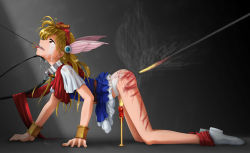 Rule 34 | 1990s (style), 1girl, akazukin chacha, all fours, bdsm, blonde hair, bondage, bound, branded, branding, branding iron, candle, chacha, chain, collar, guro, head wings, highres, long hair, looking up, magical princess, panties, piercing, predicament bondage, retro artstyle, scarf, shoes, skirt, solo, solo focus, tongue piercing, torture, underwear, upskirt, whip marks, whipping, wings, wristband