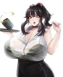 Rule 34 | 1girl, absurdres, banned artist, bare shoulders, black bra, black hair, borrowed character, bra, bra visible through clothes, breasts, brown eyes, chobi (akchu), choker, cleavage, collarbone, commentary, commentary request, english commentary, highres, holding, holding tray, huge breasts, junkpuyo, korean commentary, long hair, mixed-language commentary, office lady, open mouth, shirt, sidelocks, simple background, sleeveless, solo, spill, teeth, tongue, tray, underwear, wet, wet clothes, wet shirt, white background, white shirt