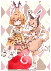 Rule 34 | 10s, 2girls, animal ears, arm up, belt, blonde hair, blush, boots, bow, bowtie, caracal (kemono friends), checkered background, cross-laced clothes, elbow gloves, extra ears, footwear bow, gloves, high-waist skirt, highres, kemono friends, kolshica, leg up, long hair, looking at another, multiple girls, print gloves, print legwear, print neckwear, print skirt, serval (kemono friends), serval print, shirt, sitting, skirt, sleeveless, sleeveless shirt, smile, tail, thighhighs, traditional bowtie, yellow eyes, yellow gloves, yellow legwear, yellow neckwear, yellow skirt