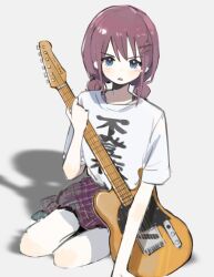 Rule 34 | 1girl, blue eyes, blush, commentary, electric guitar, girls band cry, guitar, hair ornament, hairclip, highres, holding, holding guitar, holding instrument, instrument, iseri nina, looking at viewer, parted lips, plaid, plaid skirt, purple hair, purple skirt, shadow, shirt, short sleeves, short twintails, simple background, sitting, skirt, solo, twintails, white background, white shirt, yurisaki929