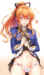 Rule 34 | 10s, 1girl, aiguillette, belt, black ribbon, blonde hair, bow, bow panties, breasts, cleavage, clothes lift, cowboy shot, dress, dress lift, gluteal fold, gradient background, granblue fantasy, groin, hair between eyes, hair ornament, heart, highres, legs apart, lifting own clothes, long hair, long sleeves, looking at viewer, medium breasts, navel, okitakung, panties, parted lips, ponytail, purple bow, red eyes, ribbon, shaded face, short dress, sidelocks, smile, smirk, solo, spoken heart, stomach, underwear, vira (granblue fantasy), white background, white panties