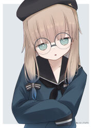 Rule 34 | absurdres, artist name, beret, black neckerchief, black sailor collar, blue hair, fate/grand order, fate (series), glasses, gradient hair, green eyes, hair ribbon, hat, highres, long hair, long sleeves, looking at viewer, mole, mole under mouth, multicolored hair, neckerchief, nemo (fate), open mouth, parted lips, professor nemo (fate), ribbon, round eyewear, sailor collar, shirt, simple background, sleeves past fingers, sleeves past wrists, solo, turban, twintails, w tail fluffy