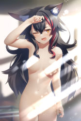 Rule 34 | 1girl, animal ear fluff, animal ears, arm up, black hair, blurry, blurry background, blush, breasts, commentary request, convenient censoring, fang, hair between eyes, hololive, light censor, looking at viewer, medium breasts, multicolored hair, navel, nude, one eye closed, ookami mio, open mouth, red hair, shadow, shirai yu, sidelocks, solo, streaked hair, virtual youtuber, wolf ears, wolf girl, yellow eyes