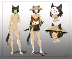Rule 34 | 1girl, animal ears, bare shoulders, barefoot, black panties, breasts, cat ears, cat girl, cat tail, cleft of venus, collarbone, commentary, d-rex, english commentary, eye mask, fang, full body, gradient background, grey background, hand up, hat, holding, holding sword, holding weapon, japanese clothes, kimono, making-of available, navel, nipples, orange eyes, original, panties, pussy, sandals, short kimono, small breasts, smile, socks, standing, straw hat, sword, tail, underwear, weapon, white socks