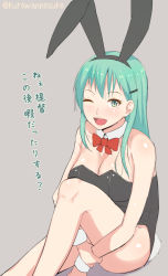 Rule 34 | 10s, 1girl, ;p, animal ears, aqua eyes, aqua hair, bow, bowtie, breasts, cleavage, detached collar, fake animal ears, hair ornament, hairclip, kantai collection, kurowan, large breasts, leotard, long hair, one eye closed, open mouth, playboy bunny, rabbit ears, rabbit tail, smile, solo, suzuya (kancolle), tail, tongue, tongue out, wrist cuffs