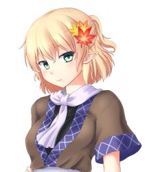 Rule 34 | 1girl, autumn leaves, blonde hair, green eyes, hair ornament, isaki (gomi), leaf hair ornament, light smile, looking at viewer, mizuhashi parsee, pointy ears, scarf, shirt, short sleeves, solo, touhou, upper body