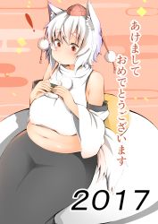Rule 34 | !, 1girl, 2017, animal ears, bare shoulders, belly, black skirt, blush, breasts, commentary request, covered erect nipples, detached sleeves, eating, egasumi, fat, food, happy new year, highres, huge breasts, inubashiri momiji, kagami mochi, long skirt, mochi, navel, new year, pink background, plump, pom pom (clothes), red eyes, sagging breasts, shiny skin, shirt, shishi juuroku, short eyebrows, short hair, sitting, skirt, sleeveless, sleeveless shirt, solo, tail, thick eyebrows, thick thighs, thighs, touhou, translation request, turtleneck, wagashi, white hair, white shirt, wide hips, wide sleeves, wolf ears, wolf tail